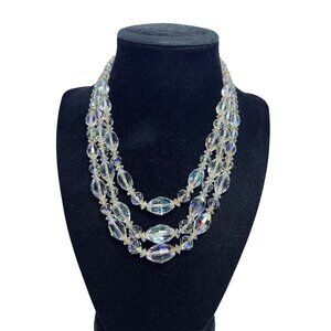 Vintage Triple Strand Aurora Borealis Rhinestone Beaded Necklace (6187)